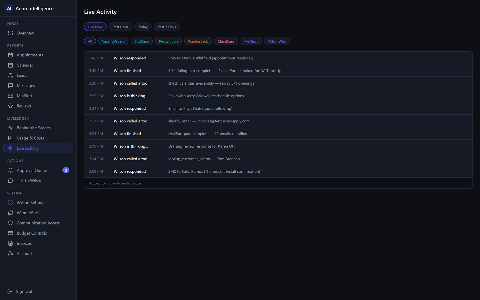 LiveLedger dashboard live activity view