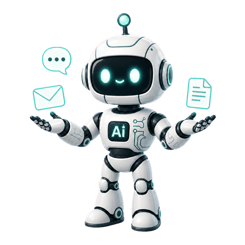 Wilson balancing an envelope, a speech bubble, and a document